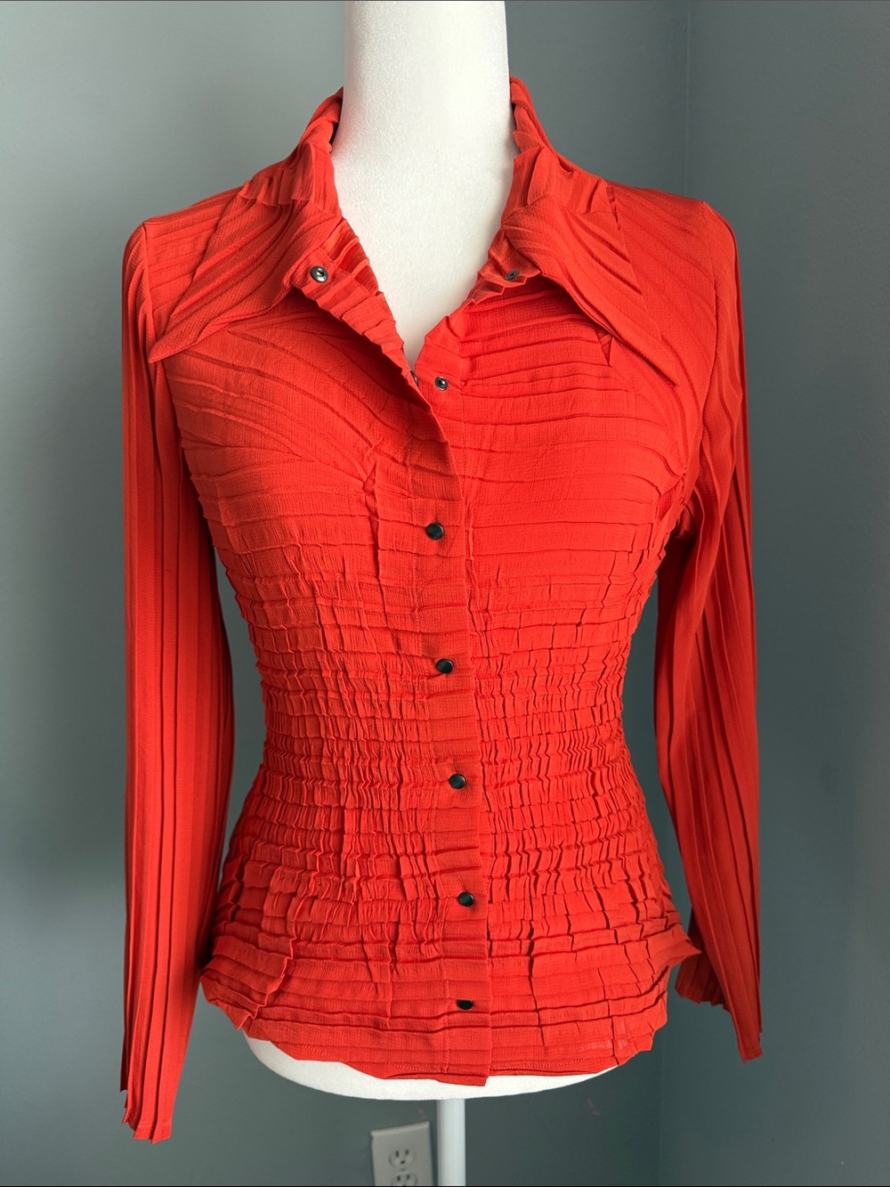 Babette Crinkle Top Rust Orange Designer Blouse Ruched Long Sleeve ๐บ๐ธUSA Made